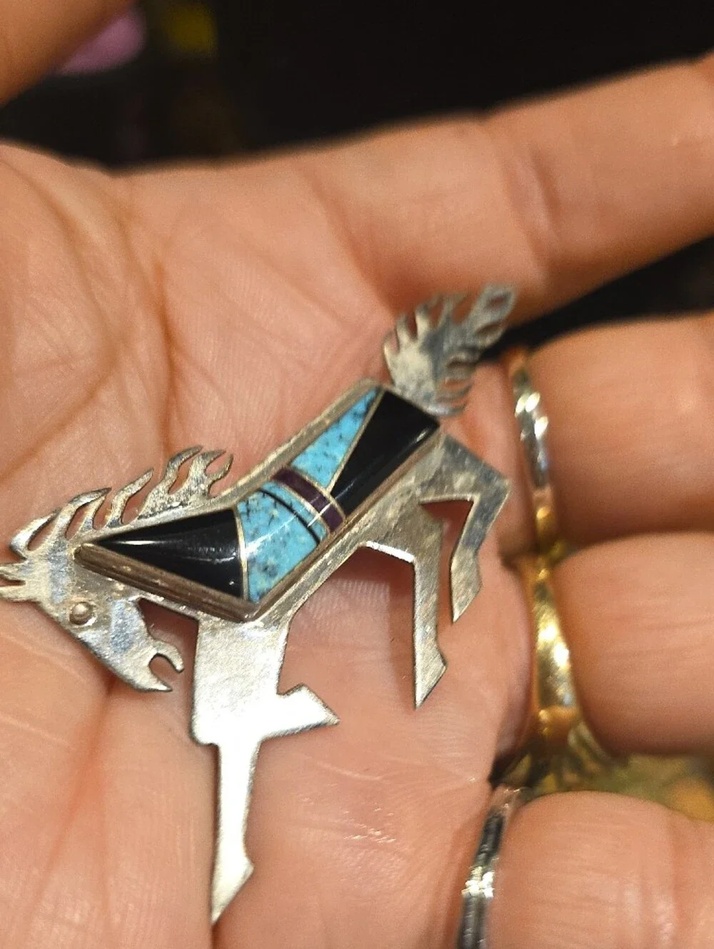 Silver Horse Brooch with Turquoise and Black Inlay
